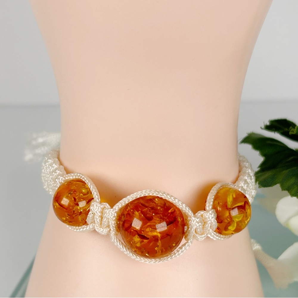 Adjustable Boho Macrame’ White Cord Bracelet Amber Colored Beads Hand Made NEW